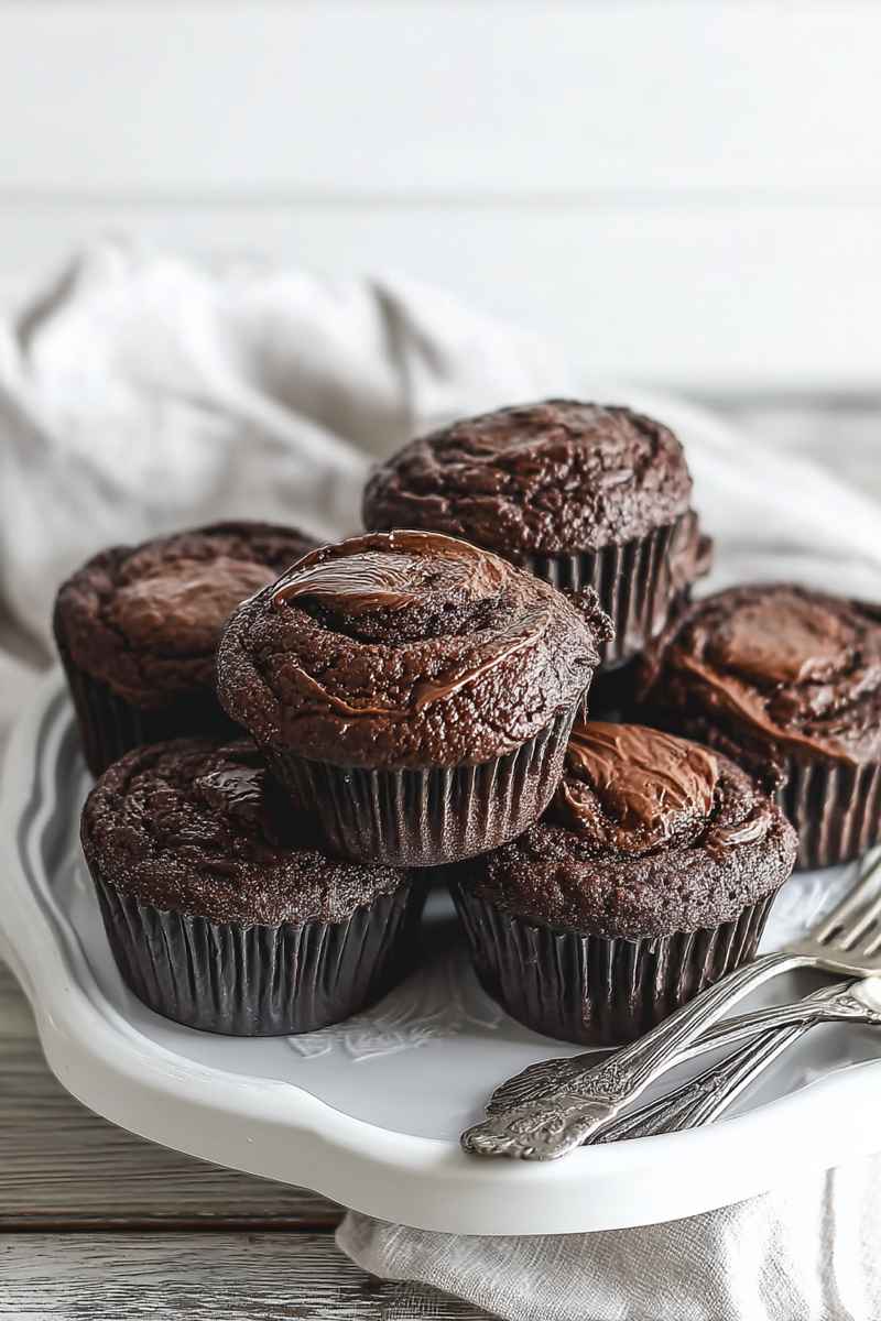 Stacked chocolate muffins on a white plate, showcasing their rich, moist texture.