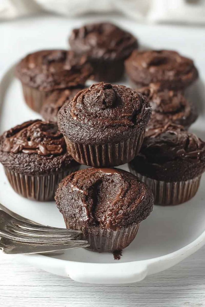 Stacked chocolate muffins on a white plate, showcasing their moist texture.
