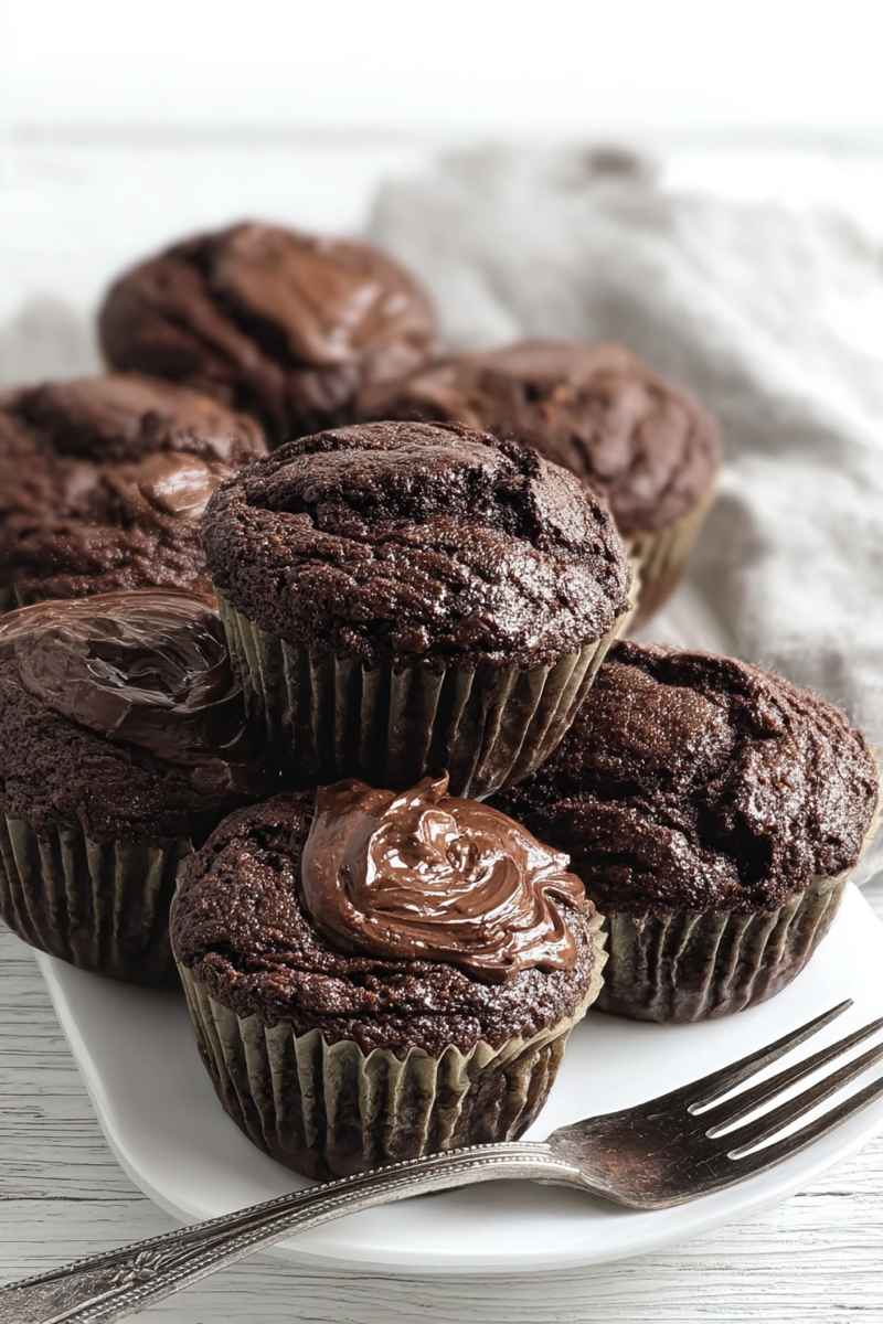 Chocolate muffins with a swirl of hazelnut spread, creating a luxurious treat.