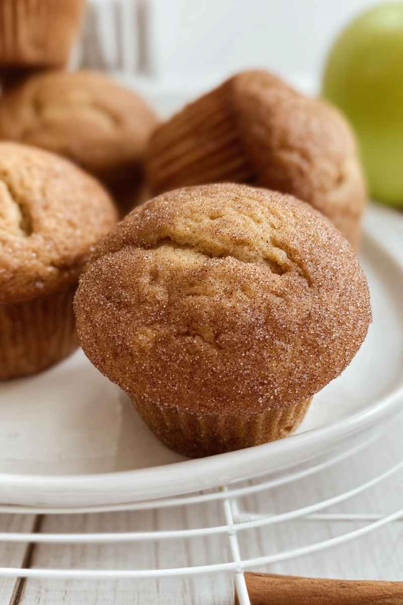 A plate of cinnamon applesauce muffins, each dusted with cinnamon sugar, with green apples in the background adding a pop of color.