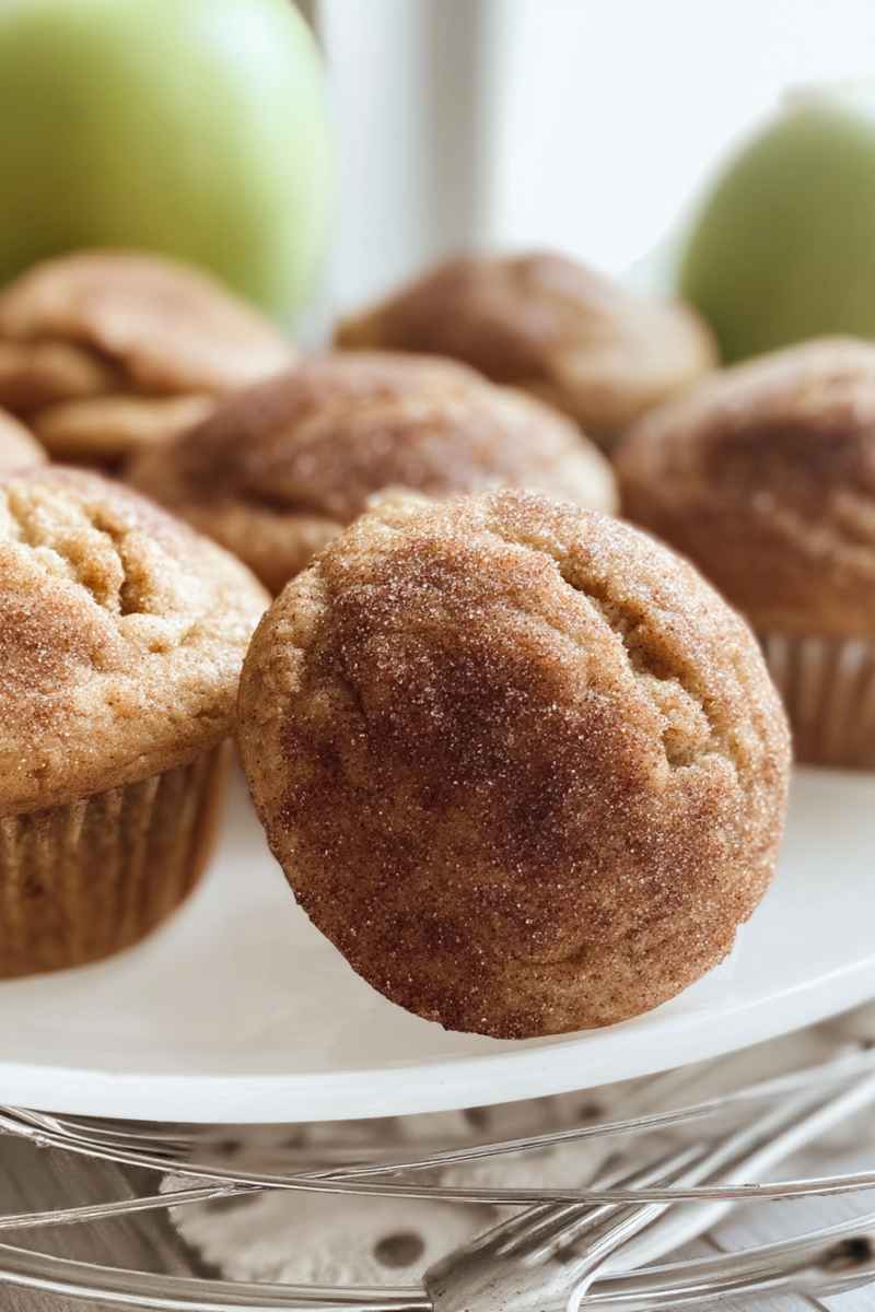 A plate of golden-brown cinnamon applesauce muffins generously coated in cinnamon sugar, with green apples in the background adding a fresh touch.