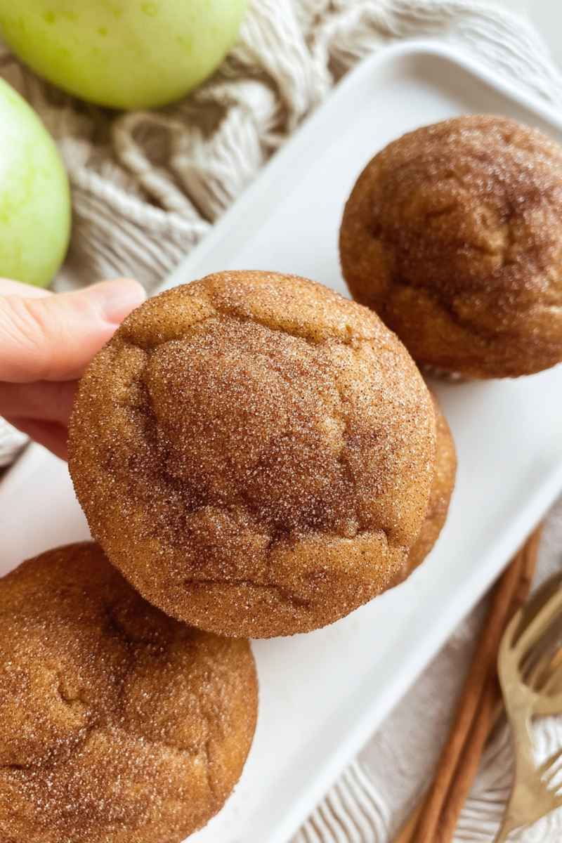 A hand holding a freshly baked cinnamon applesauce muffin dusted with cinnamon sugar, showcasing its golden-brown exterior and fluffy texture.