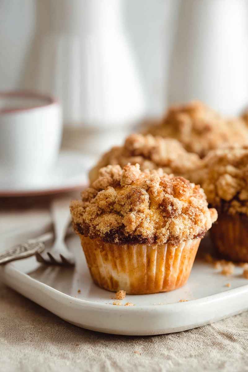 A close-up shot of a golden cinnamon streusel muffin on a white plate, surrounded by more muffins