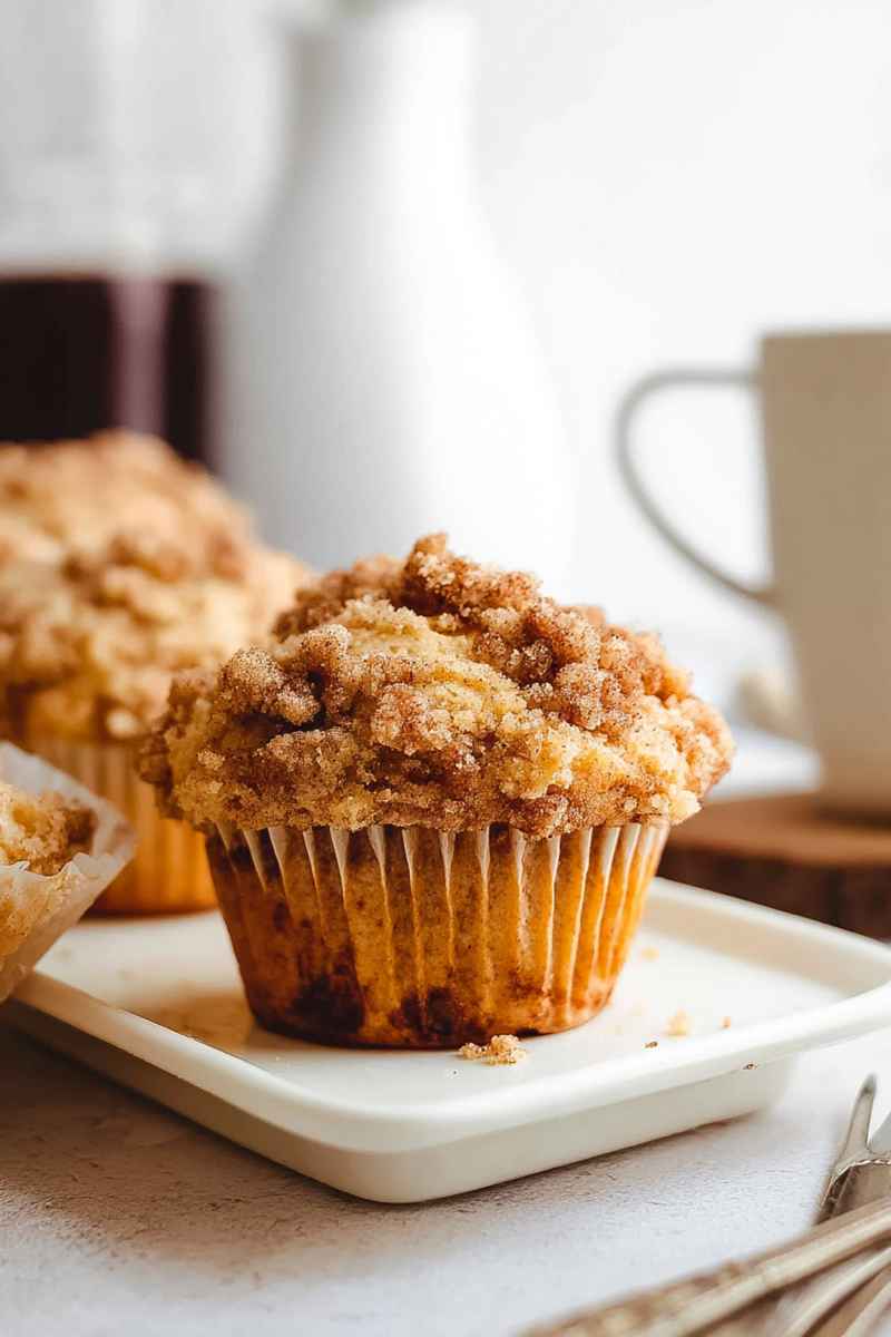 A close-up of a golden-brown cinnamon streusel muffin on a white plate, showcasing its moist texture and crunchy topping.
