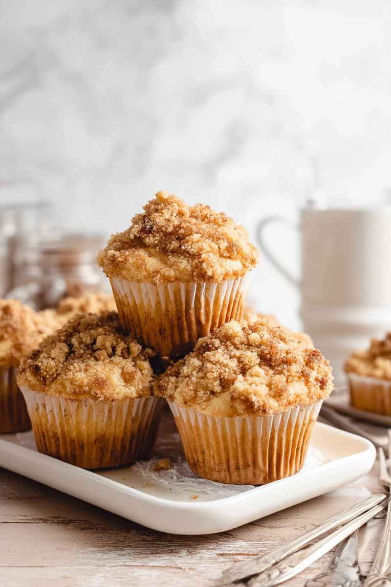 Golden-brown cinnamon streusel muffins stacked on a white plate, showcasing their soft texture and generous topping.