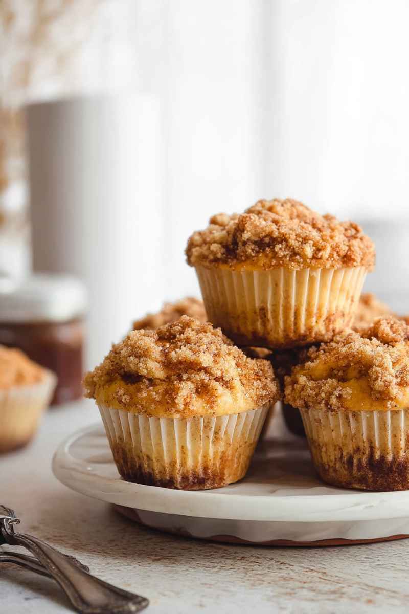 Golden cinnamon streusel muffins arranged on a marble plate, highlighting their rich texture.