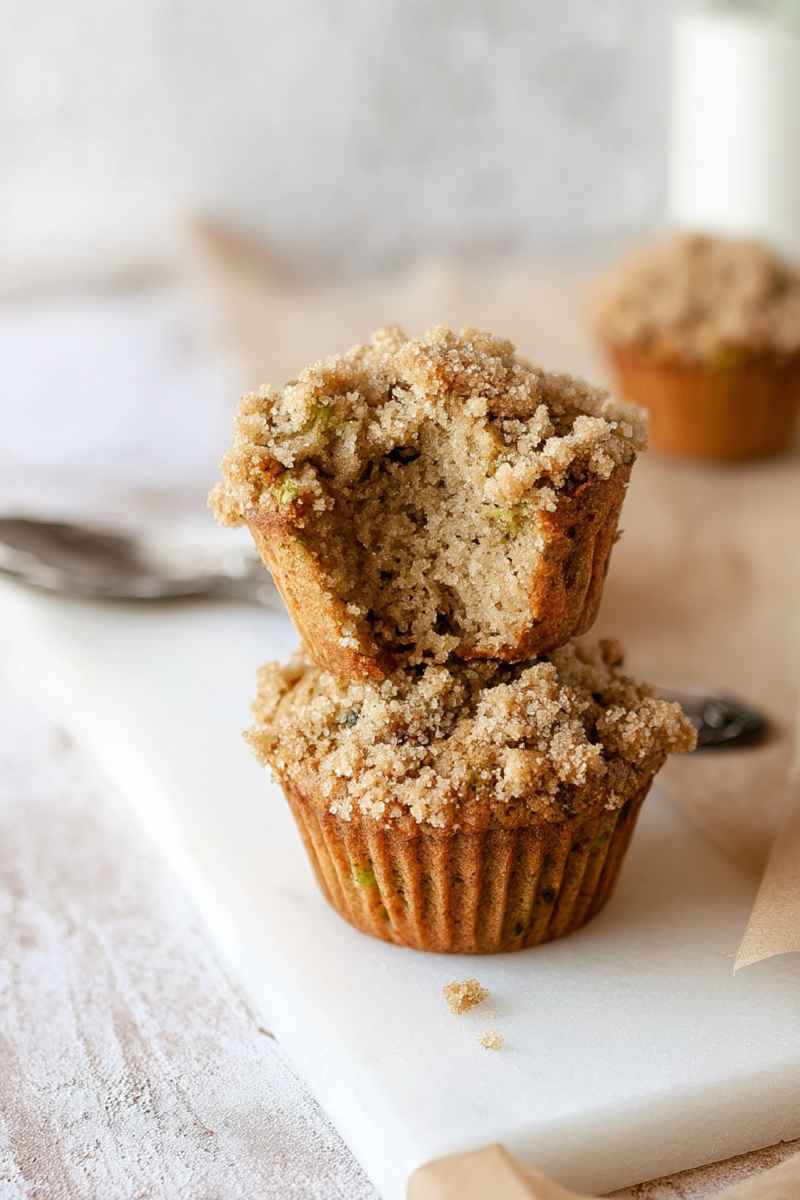 Stacked Cinnamon Zucchini Crumb Muffins showcasing their soft, moist texture and golden-brown crumb topping.