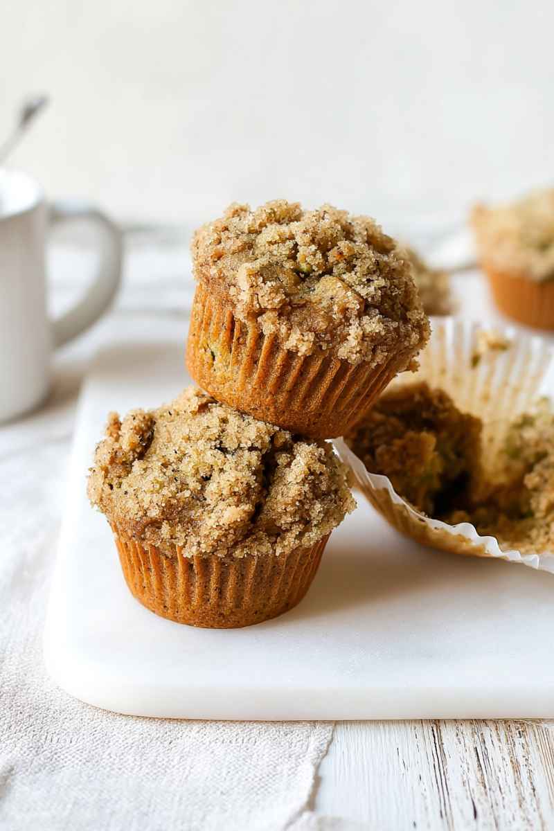 Close-up of stacked Cinnamon Zucchini Crumb Muffins, highlighting their fluffy texture and warm spices.