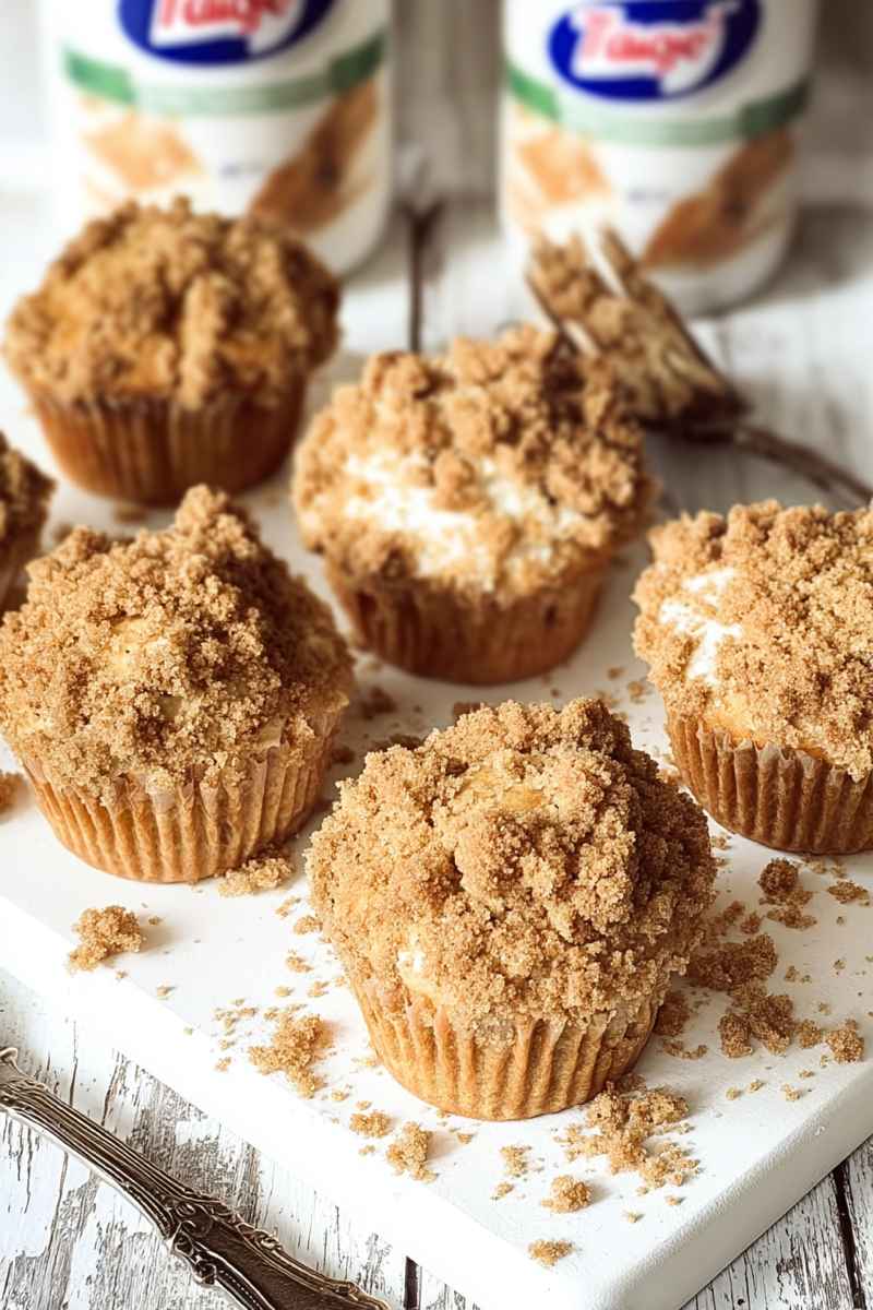 A tray of coffee cake muffins with a rich cinnamon crumble topping, surrounded by FAGE yogurt containers.