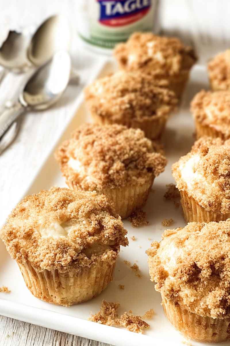 A plate of coffee cake muffins with a creamy filling and a sprinkling of cinnamon sugar crumble, placed near a spoon and FAGE yogurt container.