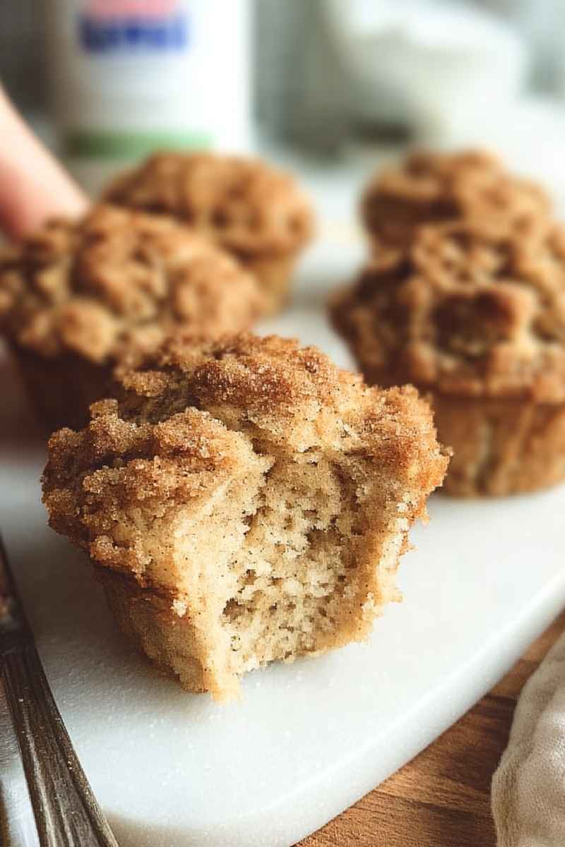 A close-up of a freshly baked coffee cake muffin cut in half, showcasing its moist, fluffy interior topped with a golden crumble.