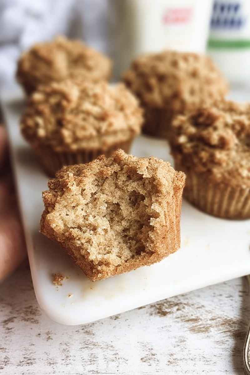 A hand holding a sliced coffee cake muffin, highlighting its moist texture and golden crumble topping.