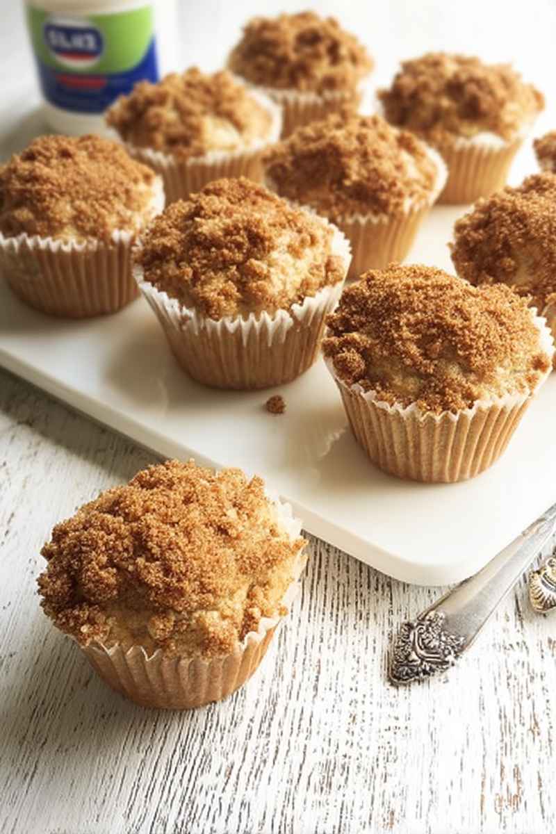 A plate of coffee cake muffins with a generous sprinkle of cinnamon sugar crumble on top, set against a rustic wooden background.