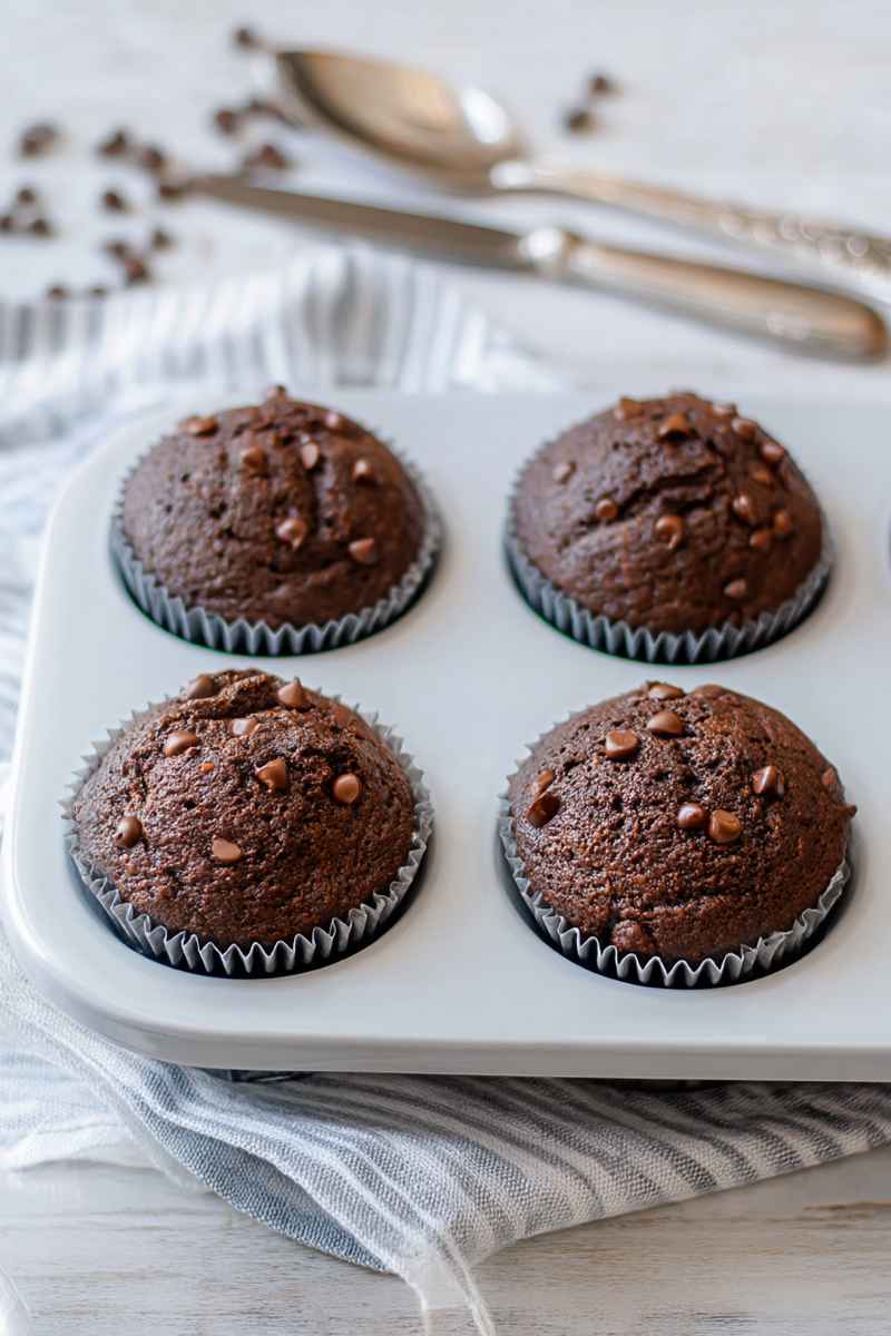 Four freshly baked chocolate muffins in paper liners, placed in a white muffin tin with scattered chocolate chips around.