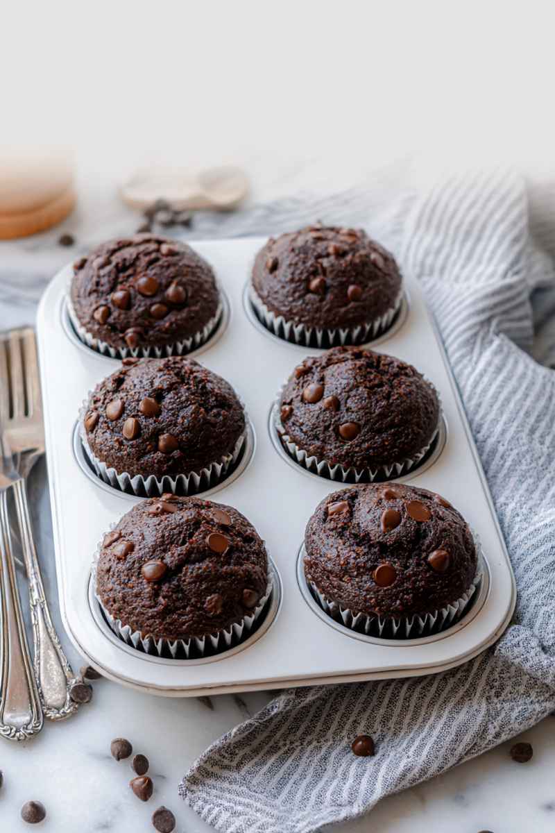 Six chocolate muffins in paper liners, arranged in a white muffin tin, surrounded by scattered chocolate chips and a striped napkin.