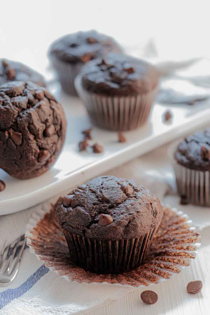 Moist chocolate muffins topped with chocolate chips, served on a white plate with scattered chocolate pieces.