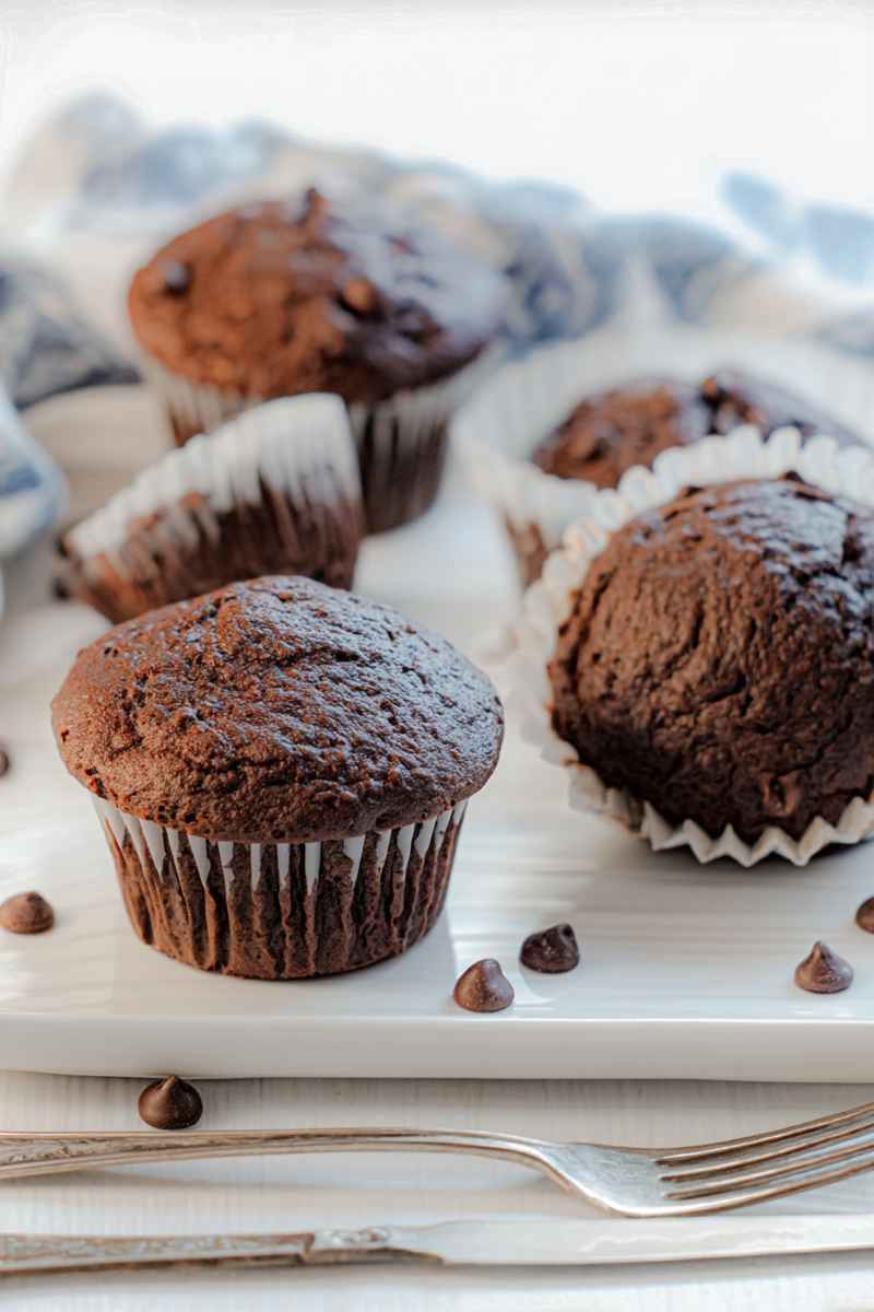Dark, moist chocolate muffins dusted with powdered sugar, arranged on a white plate with scattered chocolate chips.