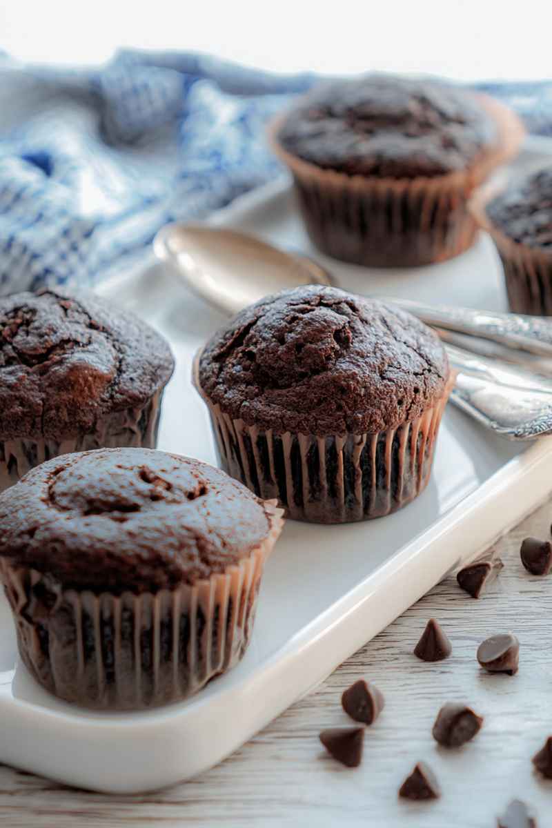 Chocolaty muffins with a sprinkle of powdered sugar, displayed on a white plate with scattered chocolate chips and a blue napkin backdrop.