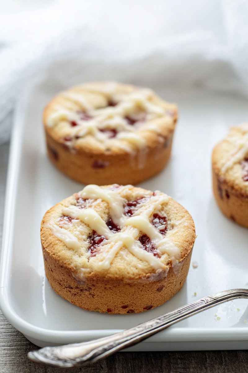 Mini cakes with a white drizzle and visible raspberry swirls on a white plate.