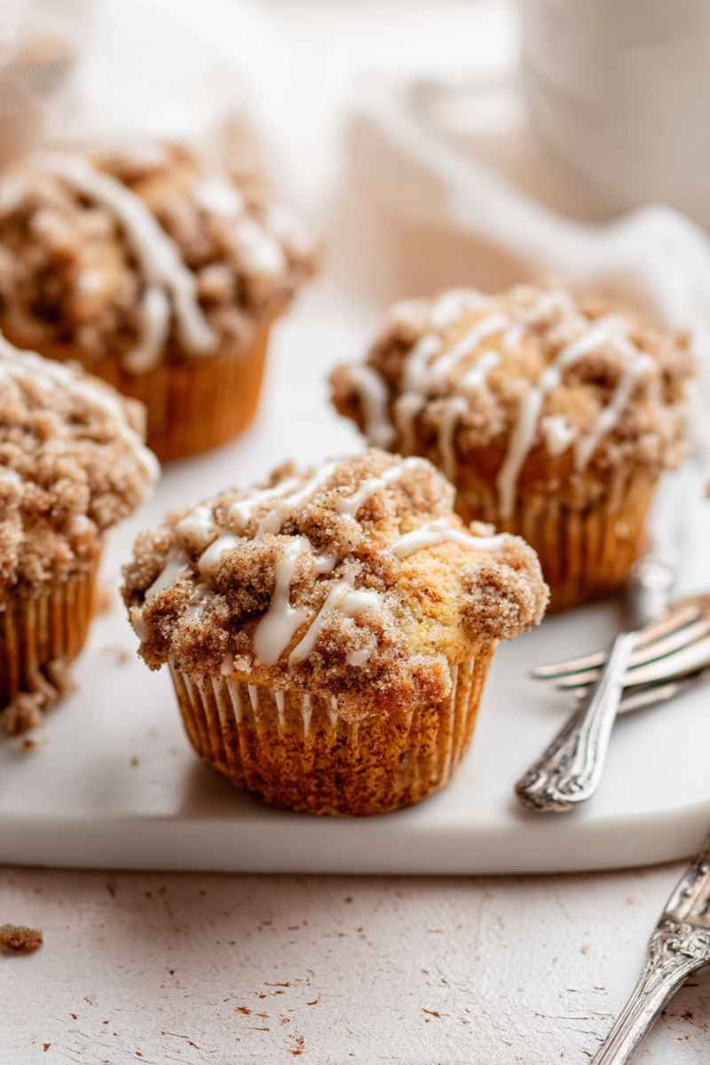 Golden Crumb Cake Muffins with a thick layer of cinnamon-sugar crumbs and a glossy icing drizzle.