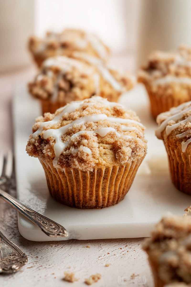 Rich, golden Crumb Cake Muffins with a generous cinnamon-sugar crumb topping and a sweet icing drizzle.