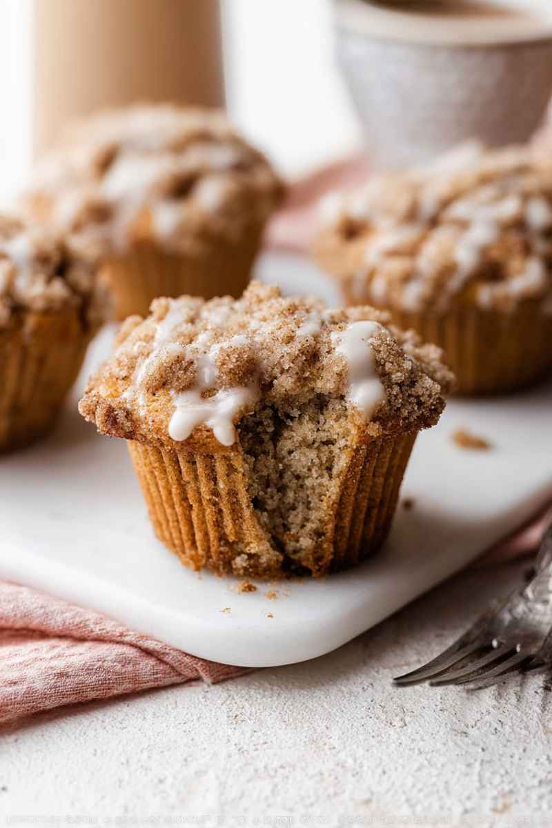 Golden Crumb Cake Muffins with a soft, moist interior, topped with cinnamon-sugar crumbs and a drizzle of vanilla icing.