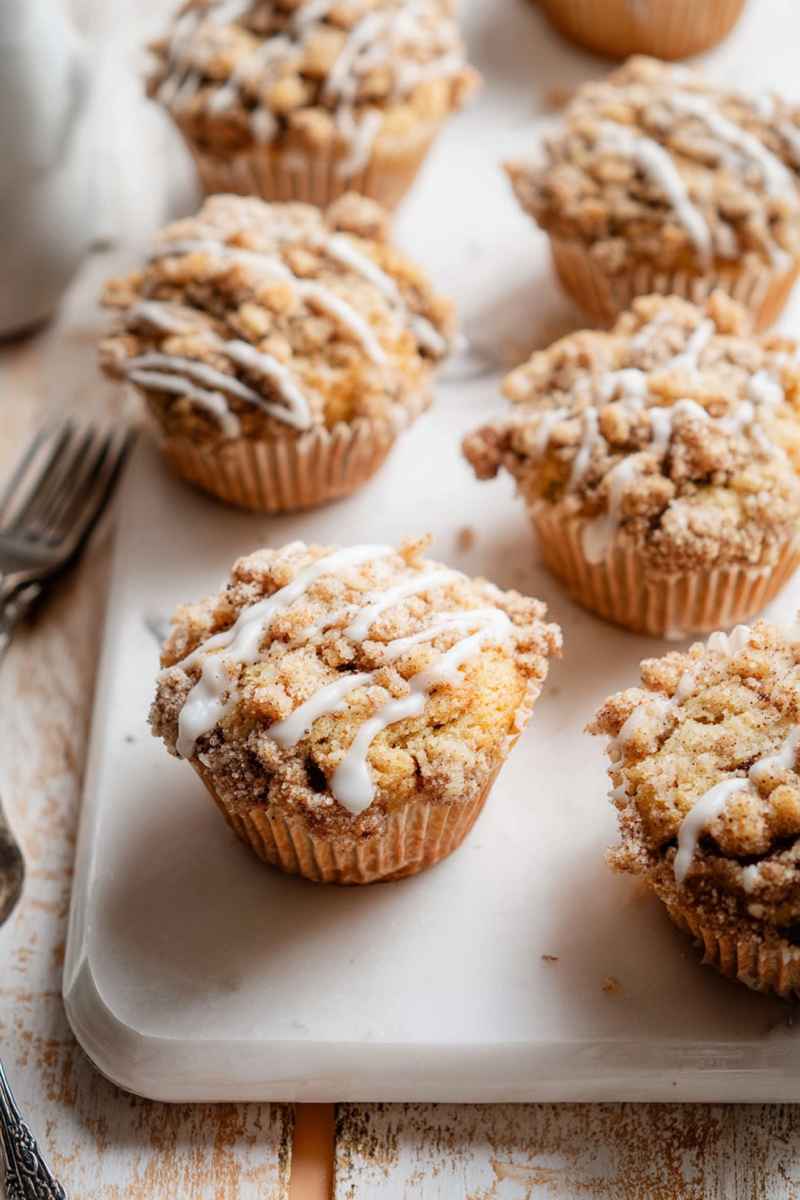 Golden-brown Crumb Cake Muffins topped with a generous layer of cinnamon-sugar crumbs and a delicate white icing drizzle.