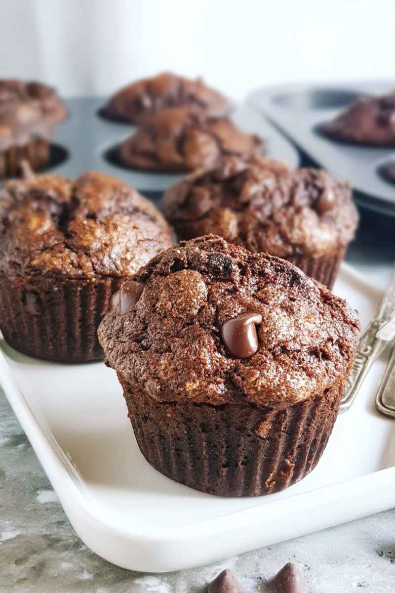 Fluffy chocolate muffins with embedded chocolate chips, displayed on a white platter.