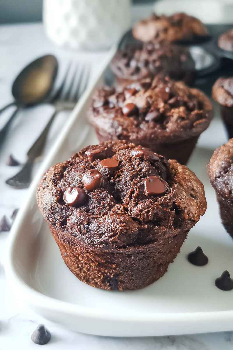 Close-up of chocolate muffins with melted chocolate chips, placed on a white serving dish.