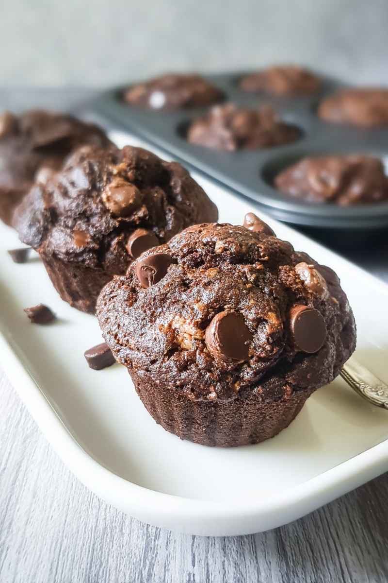 Dark, dense muffins studded with chocolate chips, presented on a white rectangular plate