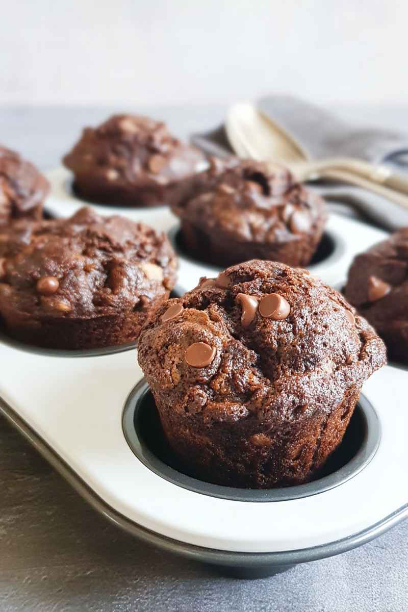 Moist, chocolatey muffins topped with melty chocolate chips, still in the baking pan.