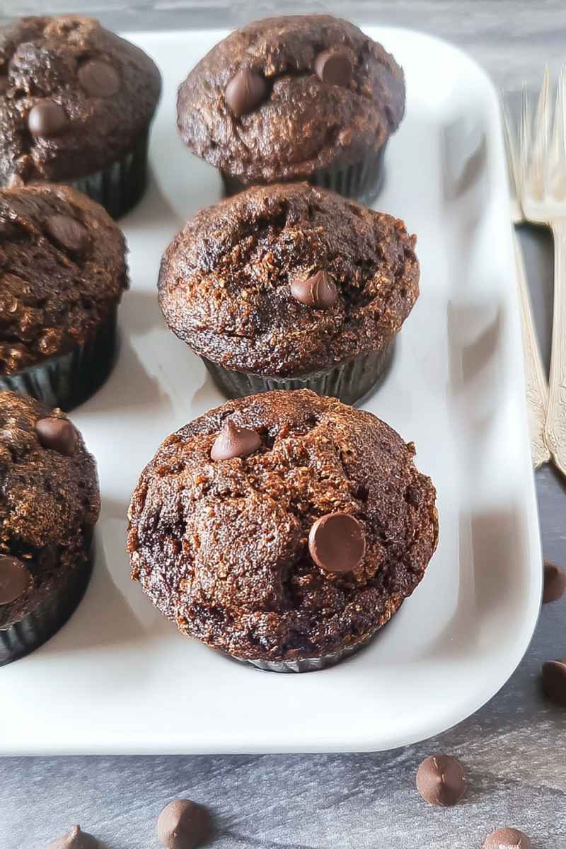 Rich, chocolatey muffins topped with melty chocolate chips, served on a white plate.