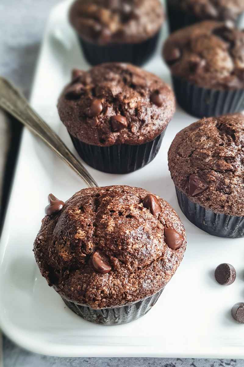 Dark, decadent muffins with visible chocolate chips, arranged on a white tray.