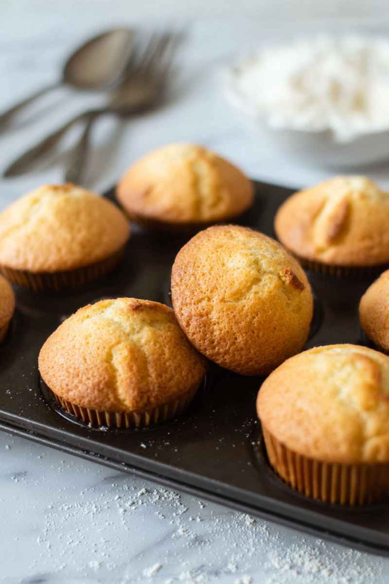 A tray of freshly baked golden vanilla muffins in paper liners, ready to be enjoyed.