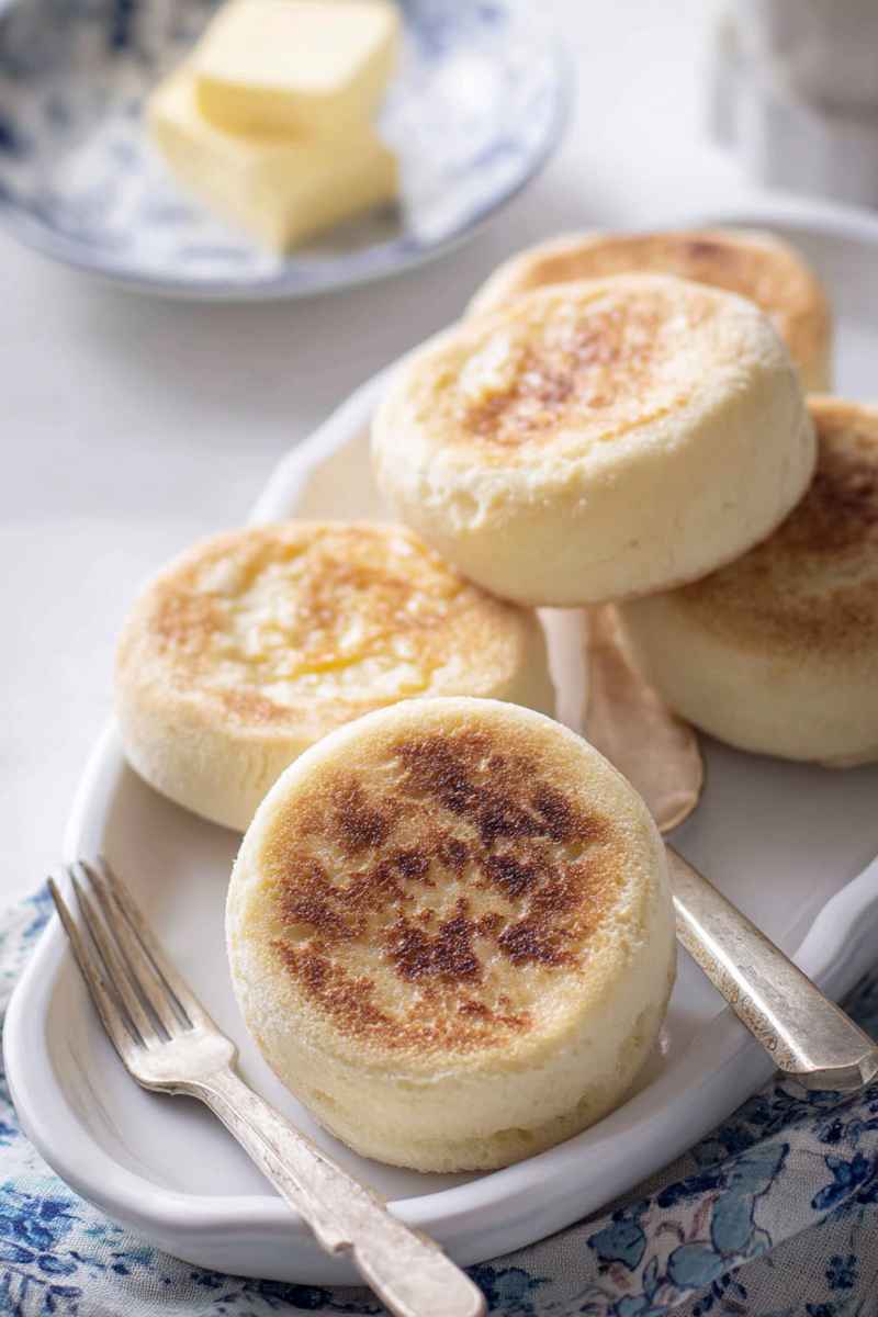 A stack of freshly baked homemade English muffins on a white plate, with a fork and knife nearby, ready to be enjoyed.