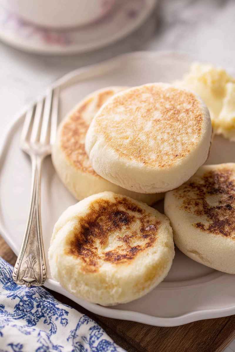 A close-up of golden-brown English muffins stacked on a plate, showcasing their crispy texture and inviting appearance.