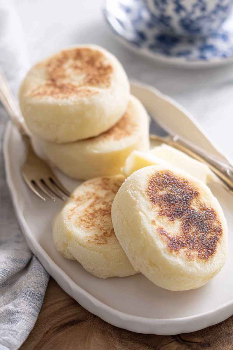 A plate of golden-brown English muffins, some split open to reveal their fluffy interiors, accompanied by a fork and knife.