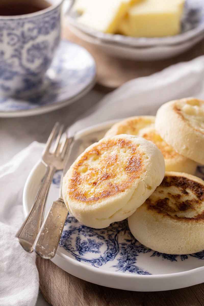 A plate of toasted English muffins, with a cup of tea and a dish of butter in the background, creating a warm and inviting breakfast scene.