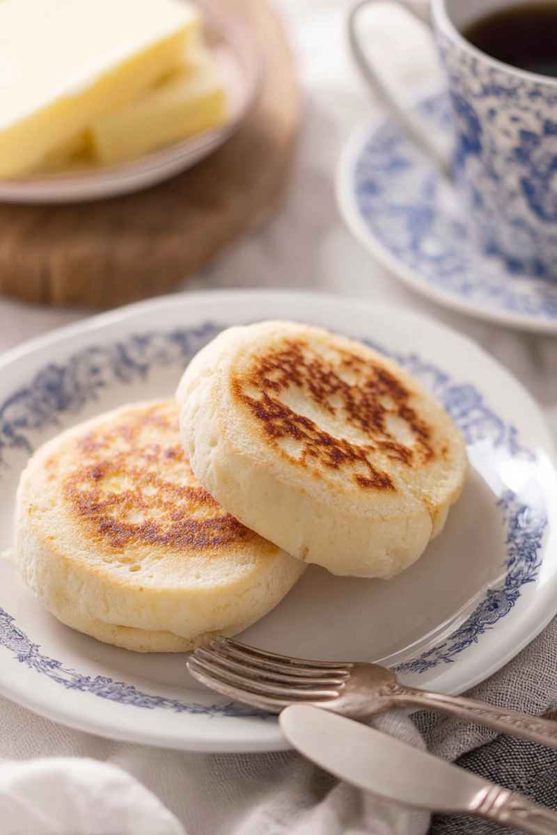 A plate of freshly baked homemade English muffins, stacked on a blue-and-white patterned dish, ready to be enjoyed.