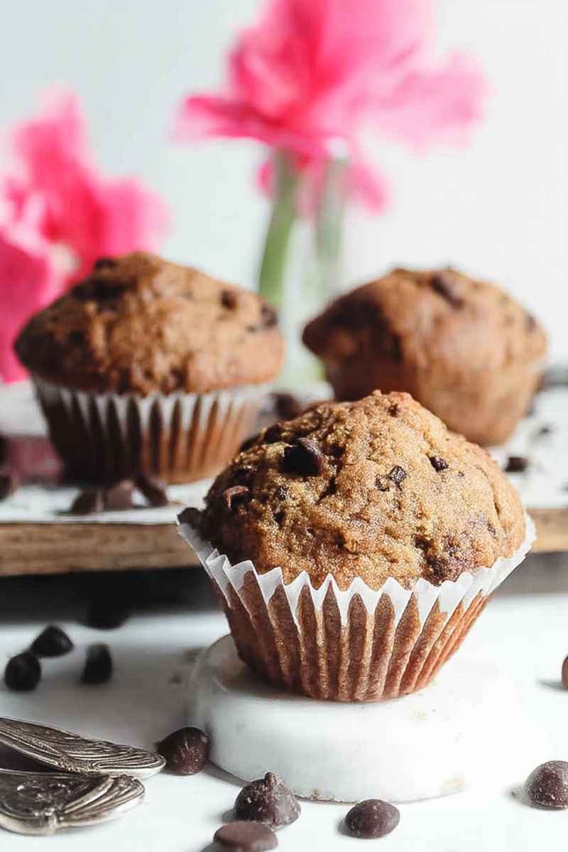 Espresso Chocolate Chip Muffins on a white plate, with a cup of coffee and pink flowers in the background.
