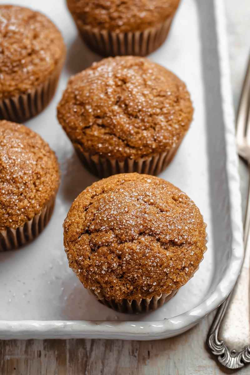 Close-up of gingerbread muffins with a crispy top, dusted with sparkling sugar, arranged neatly on a white tray.