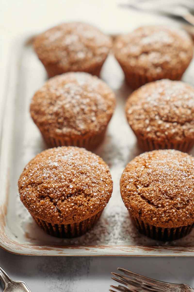 Six golden-brown gingerbread muffins dusted with sparkling sugar, arranged on a white tray.
