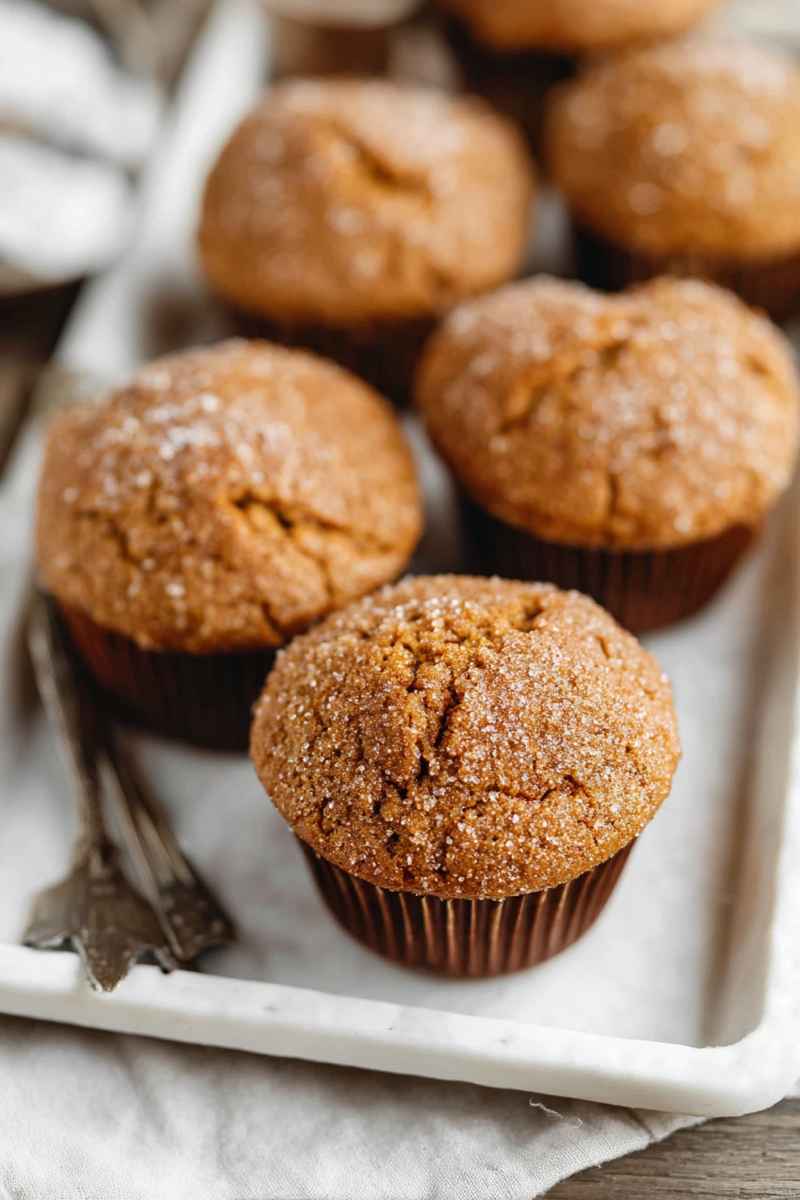 A close-up of gingerbread muffins with a rustic charm, placed on a white tray over a wooden surface.