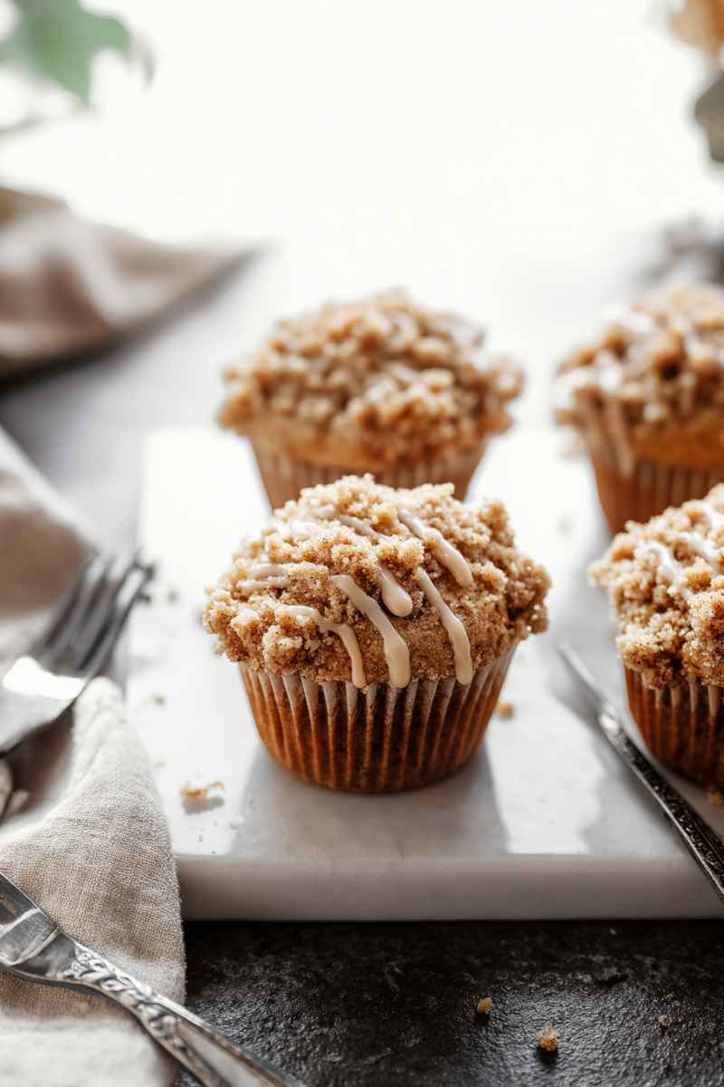 Chai Streusel Muffins with a crumbly topping and vanilla glaze, set on a marble surface with a rustic background.