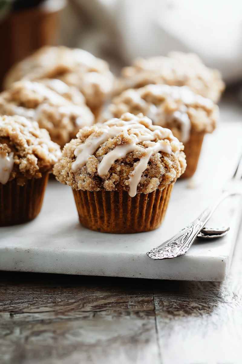 Golden-brown muffins topped with a crumbly streusel and drizzled with vanilla glaze, arranged on a marble tray.