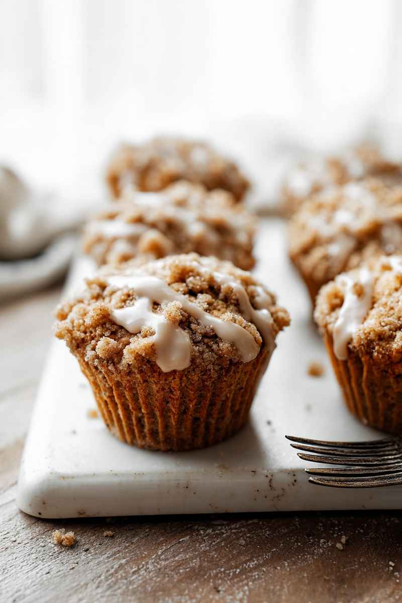 A row of golden muffins with crumbly streusel and vanilla glaze, placed on a white marble board.