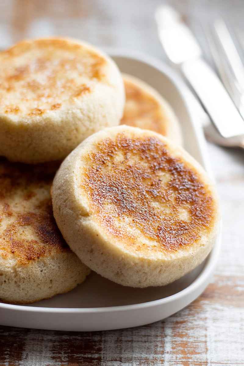 A plate of freshly baked gluten-free English muffins, showcasing their golden-brown tops and inviting texture.