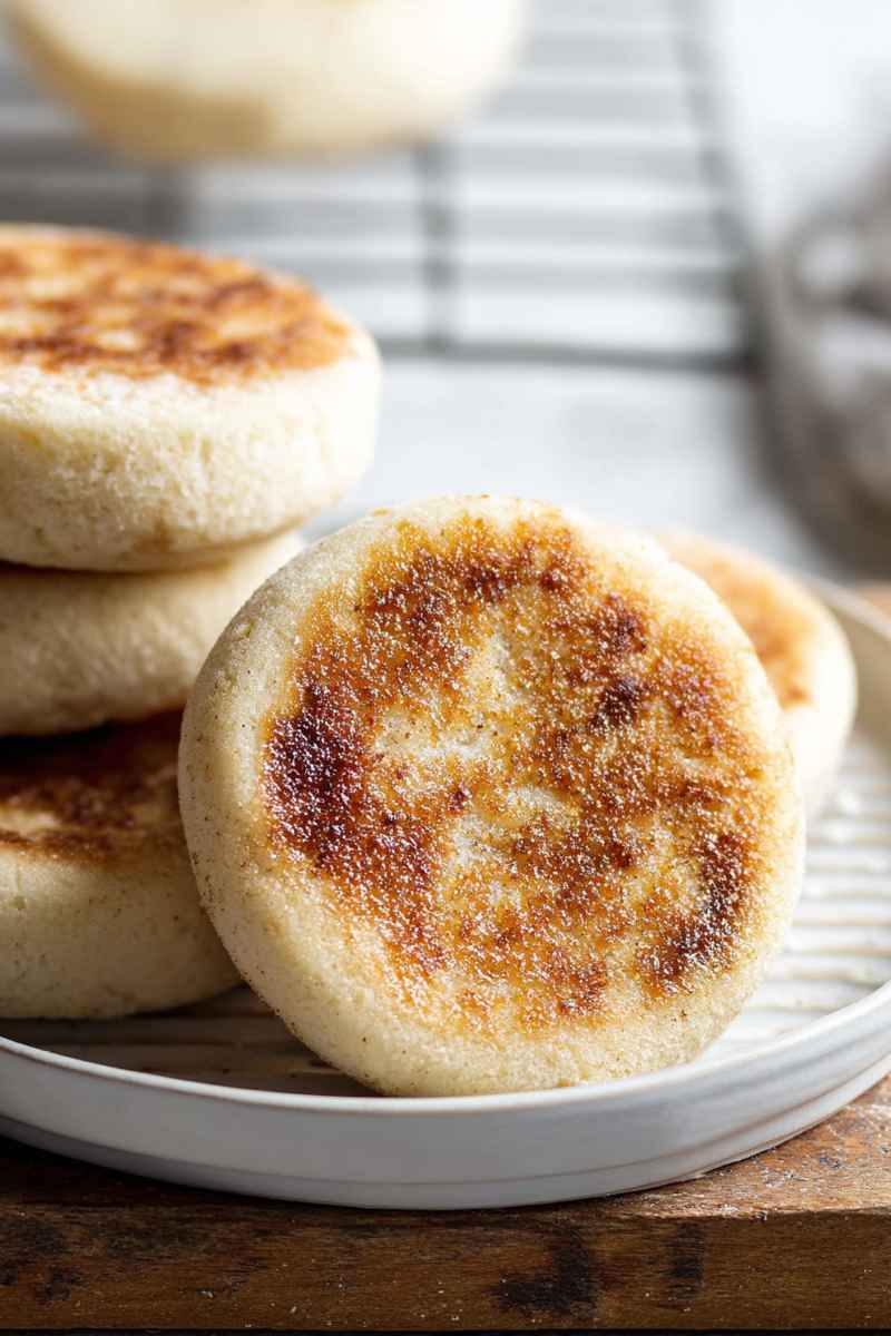 A plate of golden-brown gluten-free English muffins, emphasizing their appealing texture and rustic charm.