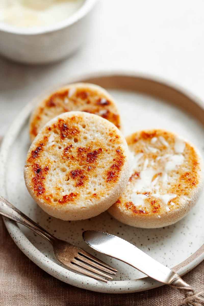 A close-up of sliced gluten-free English muffins on a white plate, topped with melted butter and ready to be enjoyed.