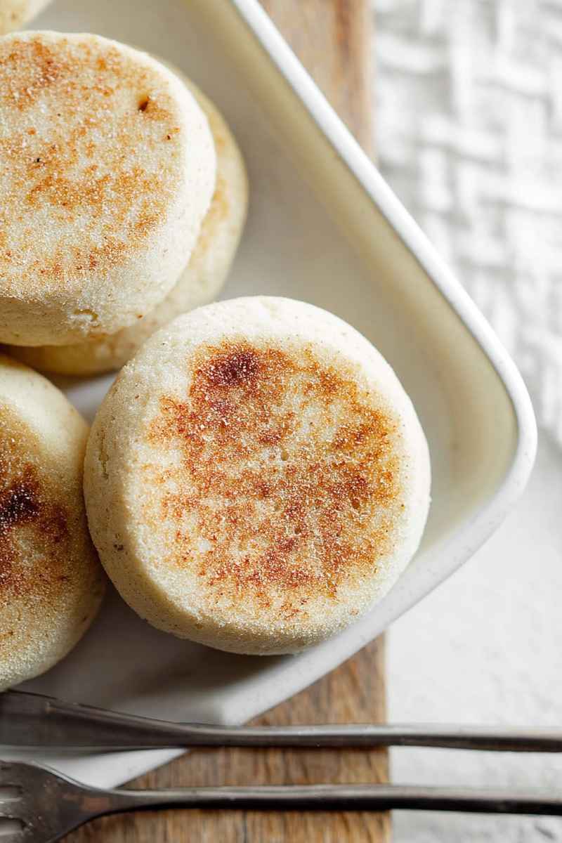 Golden-brown gluten-free English muffins arranged neatly on a white plate, ready to be enjoyed.